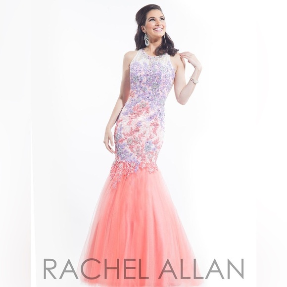 Rachel Allan women’s coral mermaid lace prom/pageant gown size 2 - Picture 1 of 17